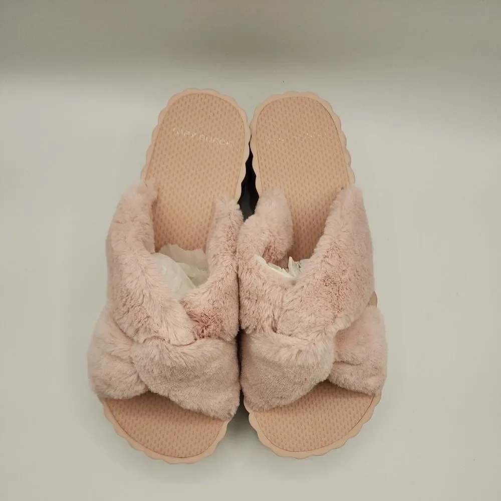 Tory Burch Faux Fur Scallop Wedge Slide Sandal‎ Sea Shell Pink Size 10 $168